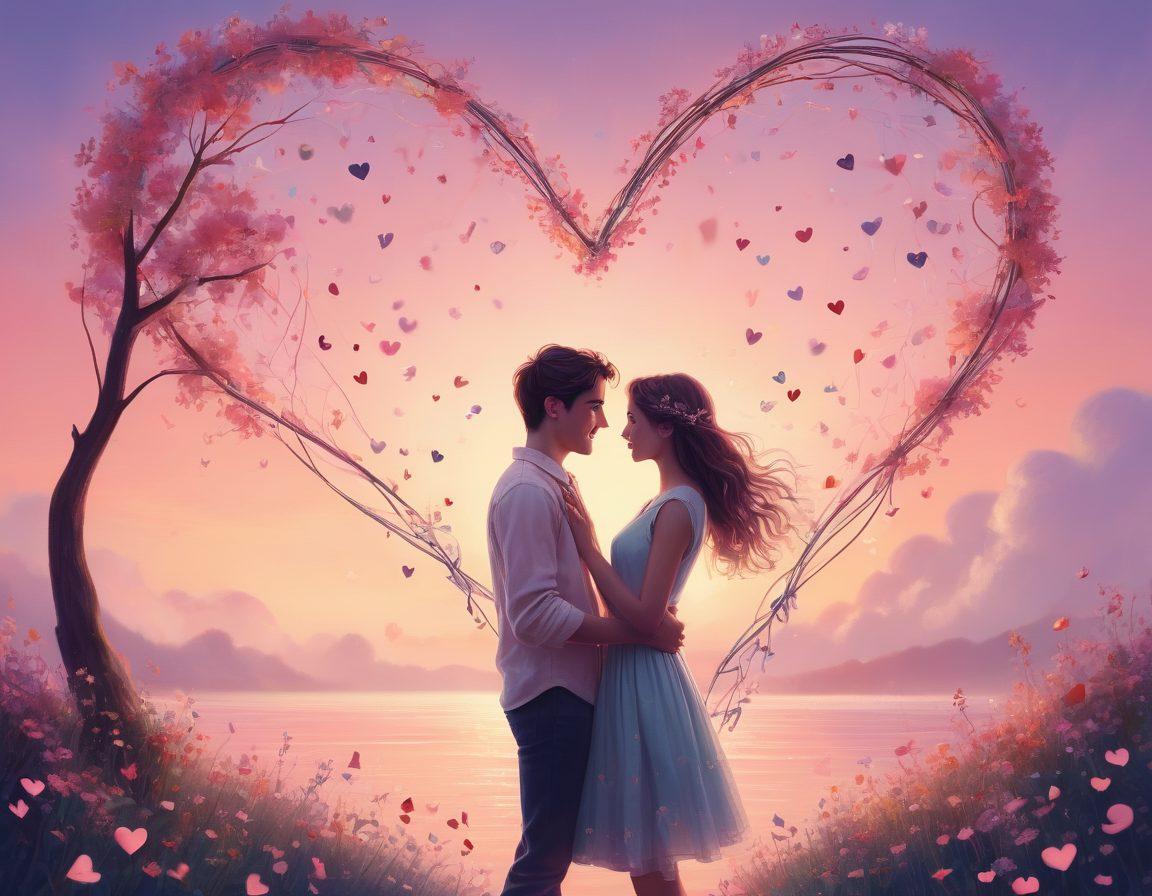 A whimsical scene featuring a couple playfully flirting, surrounded by floating heart-shaped motifs and tangled strings representing emotional bonds. Soft pastel colors with a dreamy twilight background, capturing the essence of romance and connection. Include subtle elements like flowers and music notes to signify love and emotions. digital illustration. vibrant colors. soft focus.