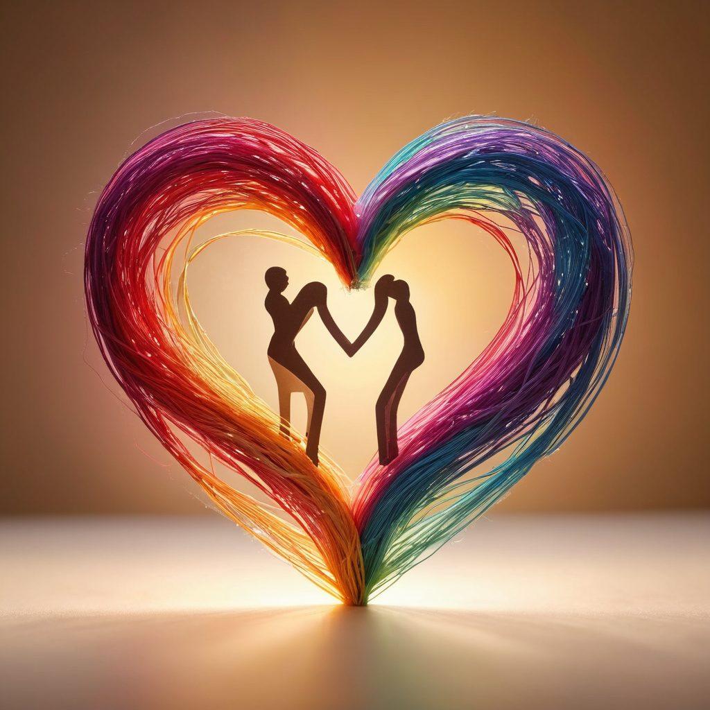 A beautifully intertwined heart shape made of various colored threads representing different emotions, surrounded by soft glowing light to symbolize warmth. In the background, blurred silhouettes of diverse couples sharing tender moments, showcasing unity and passion in relationships. Include delicate floral accents to enhance the heartfelt theme. vibrant colors. soft-focus. romantic atmosphere.