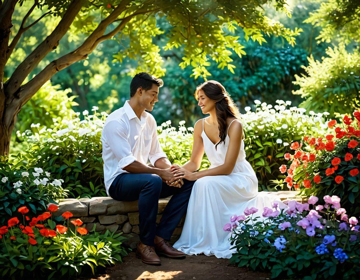 A romantic scene depicting a couple sharing an intimate moment, surrounded by blooming flowers representing growth and connection. Soft sunlight filters through lush greenery, casting gentle shadows as they engage in heartfelt conversation. Their body language conveys warmth and love, evoking a sense of deep emotional connection. The background features a serene park setting, symbolizing nature's role in nurturing relationships. vibrant colors. soft focus. evocative art.